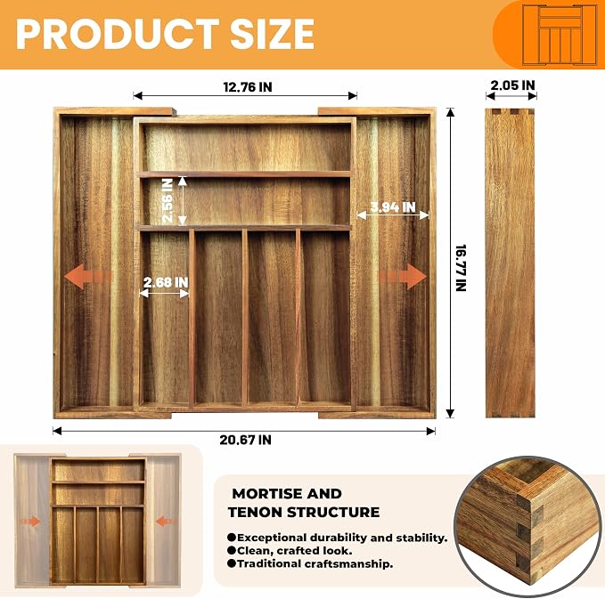 KITEISCAT Acacia Wood Expandable Silverware Organizer, Kitchen Utensil Drawer - Image 2