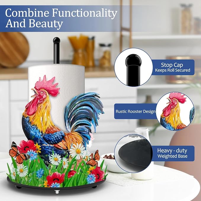 Hexagram Rooster Paper Towel Holder, Rooster Kitchen Bar Decor, Farmhouse - Image 3