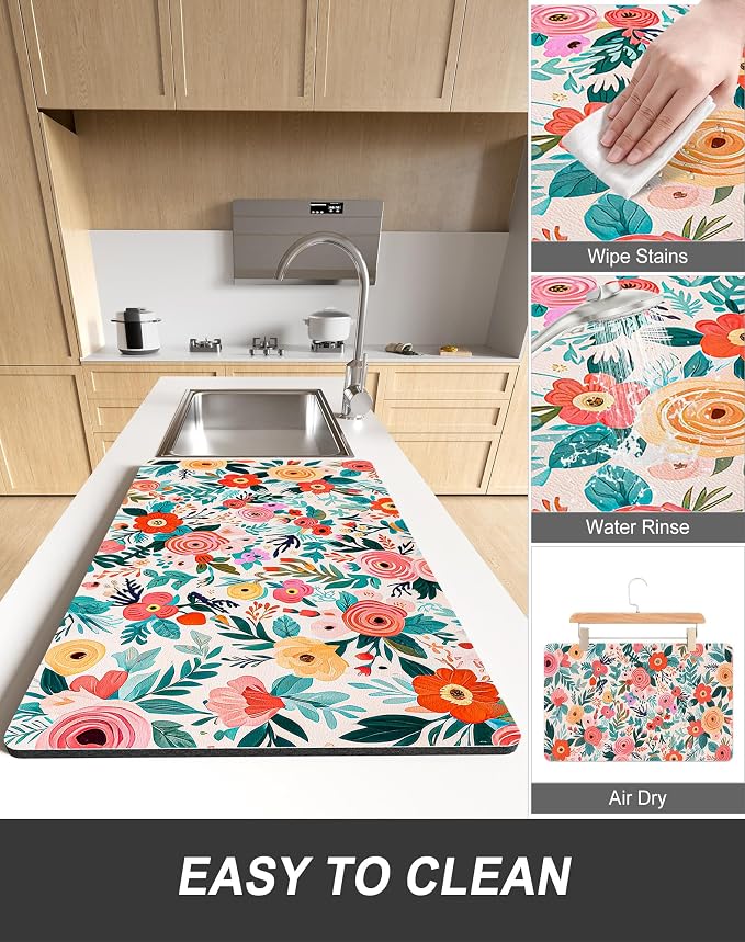 Rnivvi Dish Drying Mat for Kitchen Counter, XL 15 x 24" Cute Flower Super - Image 6