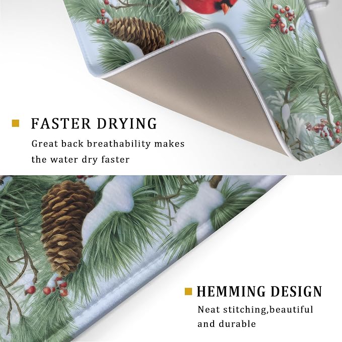 Winter Dish Drying Mat for Kitchen Counter Cardinal Birds Pine Trees Festival - Image 3