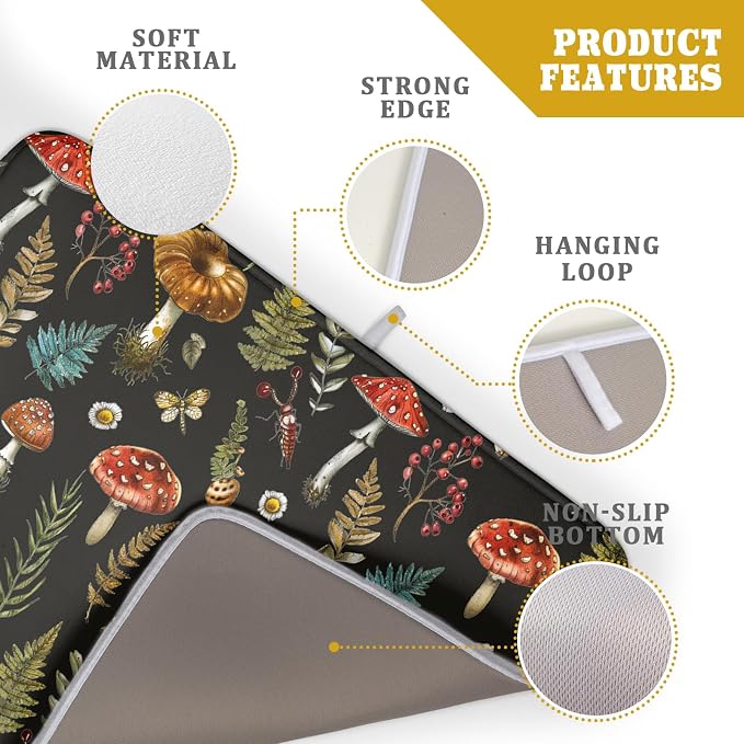 Natural Botanical Dish Drying Mat Mushroom Fern Leaves Berry Drainer Mat Black - Image 4