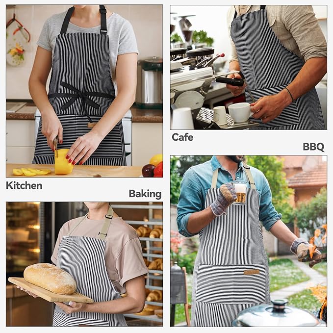 NLUS 2 Pcs Kitchen Cooking Aprons, Poly/Cotton Blend Adjustable Soft Bib Stripe - Image 7