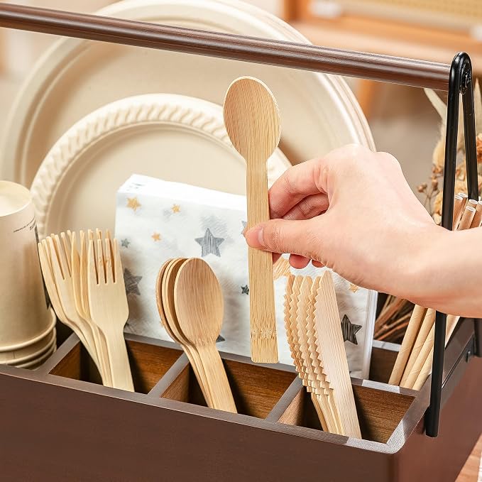 PTSTING Silverware Caddy with Handle Acacia Wood Utensil Holder Paper Plate - Image 3