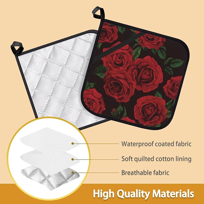 Vintage Red Rose Pot Holder Set of 2, Heat Resistant Potholders Oven Hot Pads - Image 3