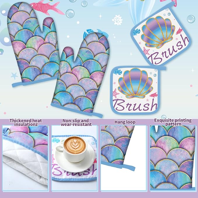 Fourluoo 10 Pcs Mermaid Kitchen Dish Towels Rugs Oven Mitts and Pot Holders Set - Image 5