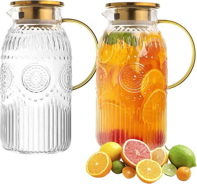 Amzcku Glass Pitcher with Lid, 68 oz/ 2 Liter 2Pack Vintage Water Pitcher by Amzcku