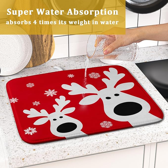 Xmas Dish Drying Mat for Kitchen Counter Cute Reindeer Holiday Snowflake - Image 7