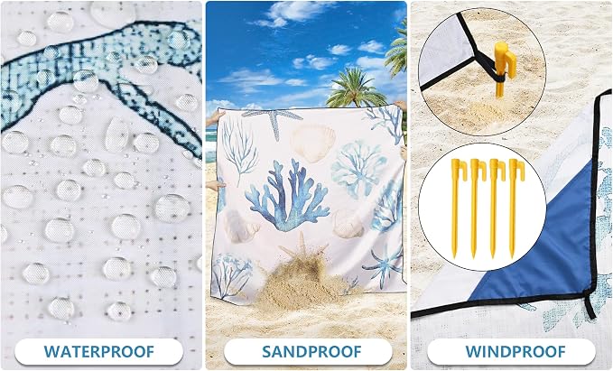 WIWIGO Beach Blanket Waterproof Sandproof Beach Mat 79" X 83"/10'x9'for 2-8 - Image 3