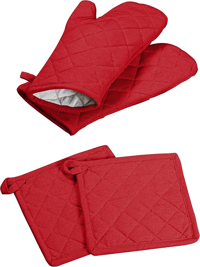 Oven Mitt + Pot Holder 100% Cotton Heat Resistant Kitchen Oven Gloves & Hot Pads by SoftopiaCotton