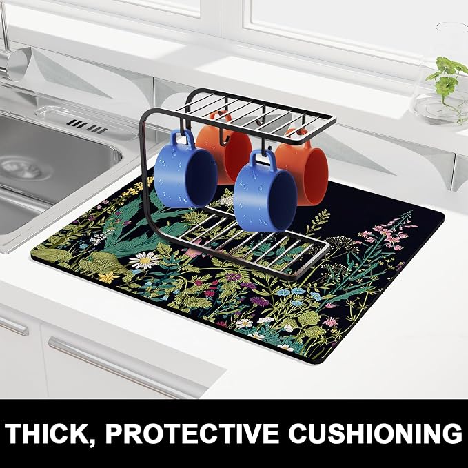 Rnivvi Dish Drying Mat for Kitchen Counter, 16 x 18" Cute Flower Theme - Image 2