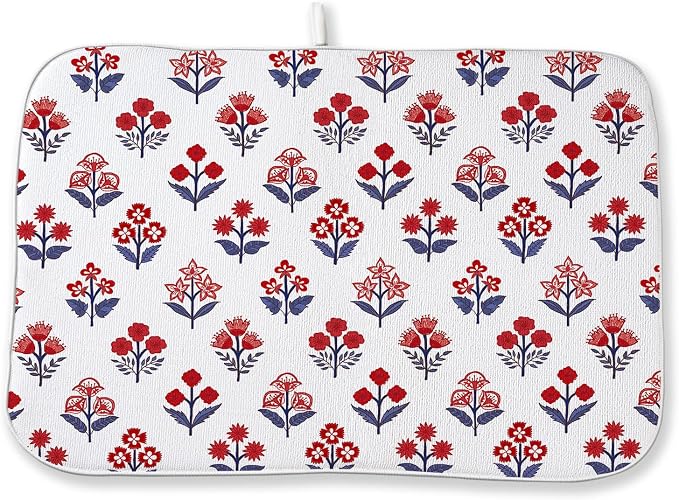 Red Blue Dish Drying Mat 18x24 Inch Vintage Boho Block Print Floral Drying Mat by DAFENA