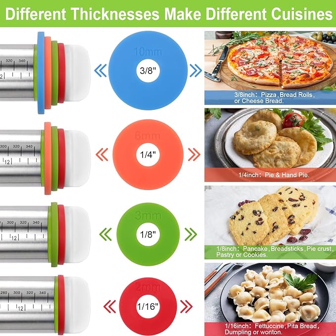 Rolling Pin with Thickness Rings and Red Silicone Baking Mat, Adjustable - Image 3