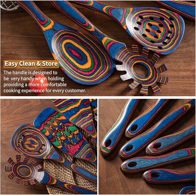 Gudamaye Pakka wood 7-Piece Blue Wooden Cooking Utensils, Wooden Spoons - Image 5