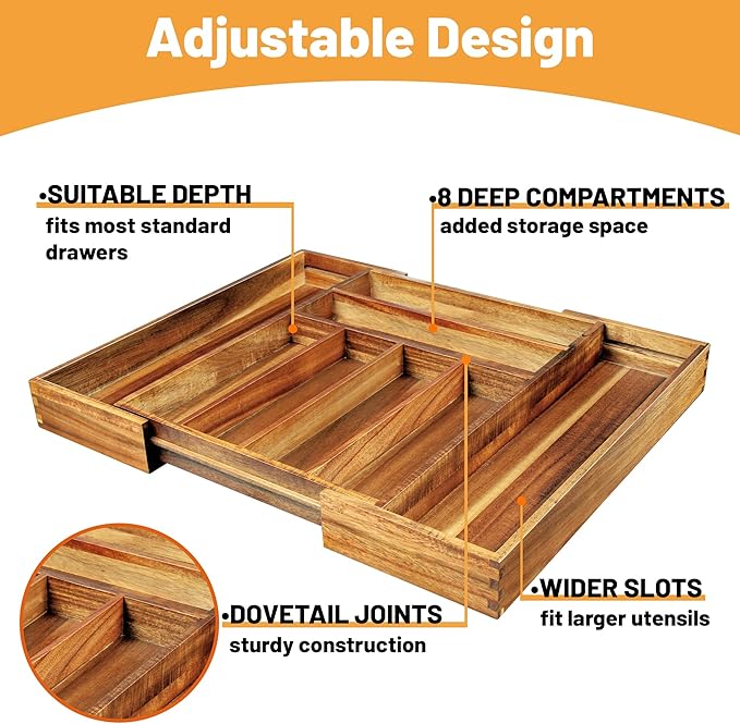 KITEISCAT Acacia Wood Expandable Silverware Organizer, Kitchen Utensil Drawer - Image 3