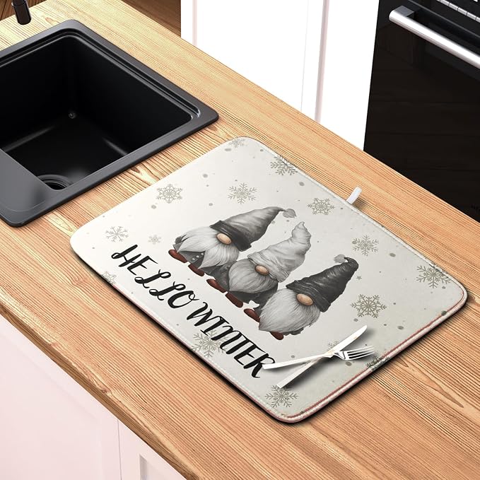 Winter Gnome Dish Drying Mat for Kitchen Counter 16x18 Christmas Snowflakes - Image 6