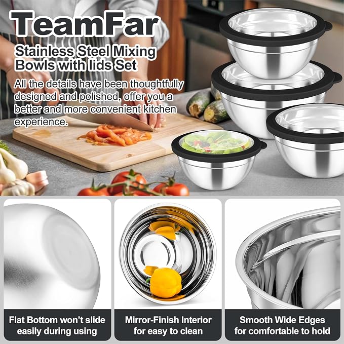 TeamFar Mixing Bowls Set, 4.5/3/1.5/1/0.7 QT Stainless Steel Nesting Salad Bowls - Image 5