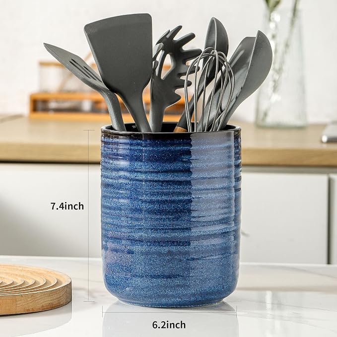 HASENSE Ceramic Kitchen Utensil Holder, 7.4" x 6.2" Large Countertop Utensil - Image 2