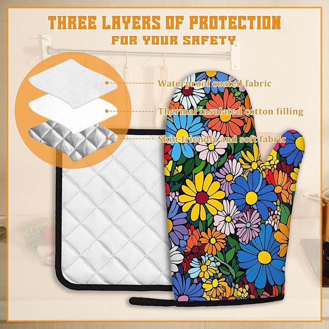 Abstract Hippie Flower Oven Mitts and Pot Holders, Heat Resistant Oven Mitts - Image 3