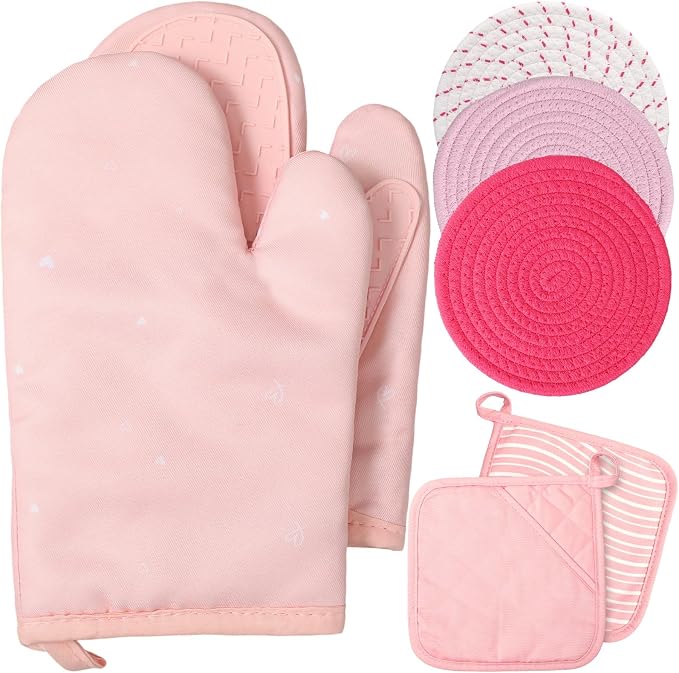 Sumind Pink Oven Mitts and Pot Holders 7 Sets, Heat Resistant Kitchen Gloves by Sumind