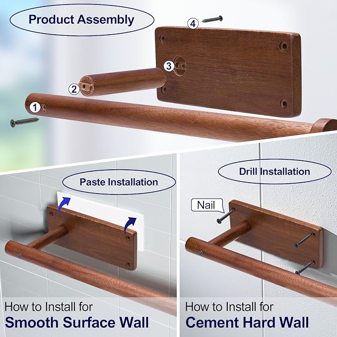 Wooden Paper Towel Holder for Kitchen, Adhesive Acacia Wood Paper Towel Holders - Image 5