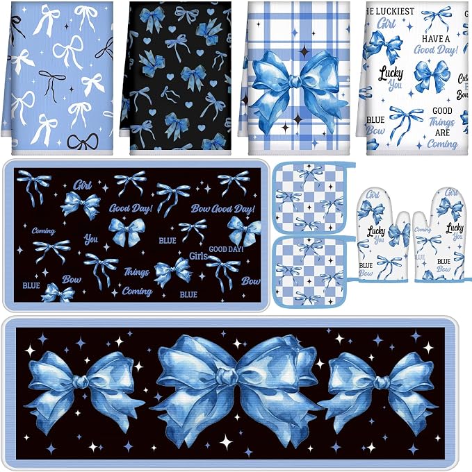 Fourluoo 10 Pcs Blue Bow Kitchen Decor Set Dish Towels Kitchen Rugs Oven Mitts by Fourluoo