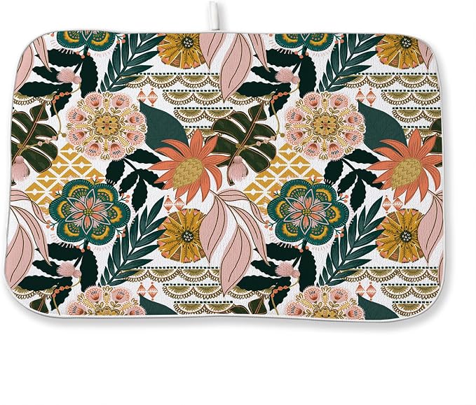 Boho Dish Drying Mat 18 x 24 Inch Pink Green Floral Drying Mat by Sorktse