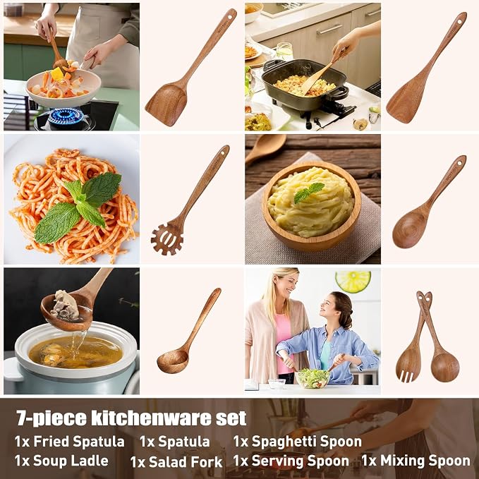 Wooden Utensil Set, WOTTISH 7Pcs Nonstick Wood Spatula, Wooden Kitchen Utensils - Image 4