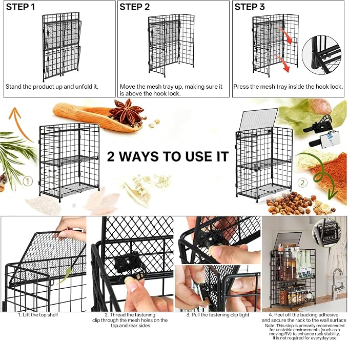 DTUQYX Spice Rack Organizer for Countertop, 3-Tier Large Capacity Foldable - Image 8