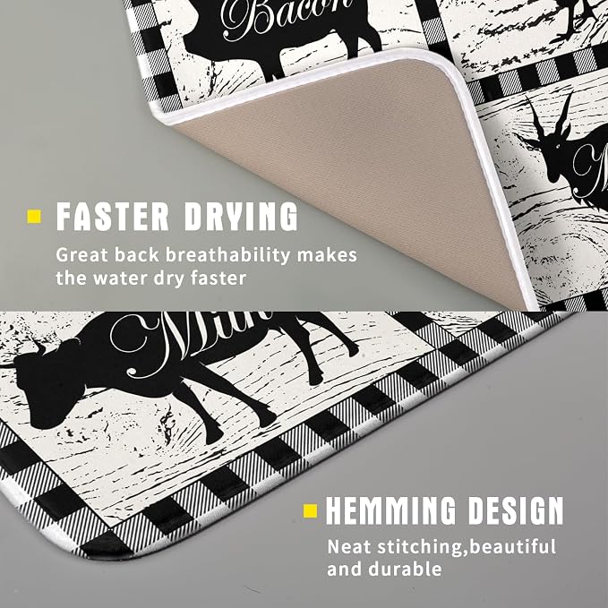 Farmhouse Animal Dish Drying Mat Buffalo Plaid Drainer Rack Mats Fast Dry - Image 3