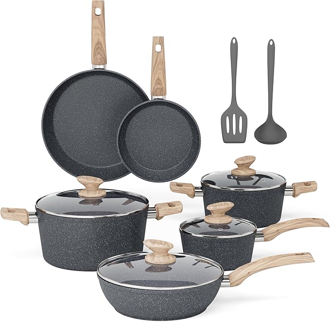 MAISON ARTS Pots and Pans Set Non Stick, 12 Piece Grey Granite Kitchen Cookware by MAISONARTS