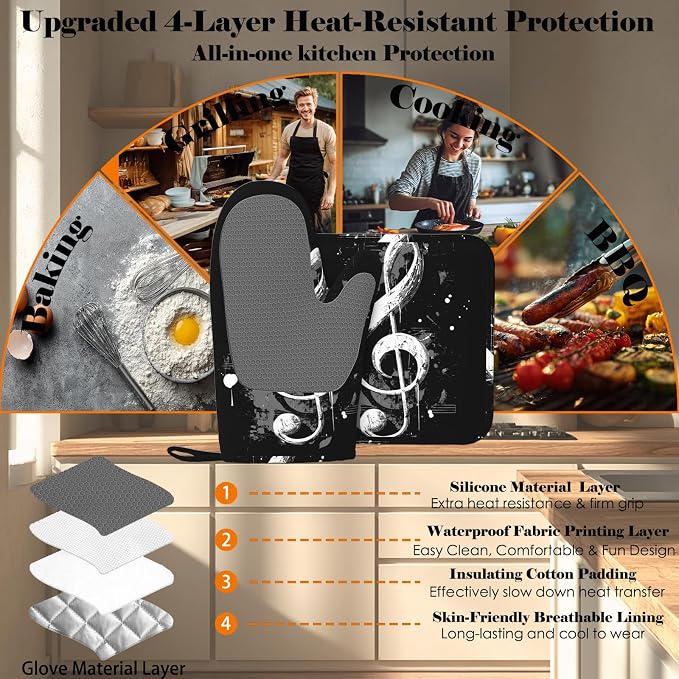 Black Notes Oven Mitts and Pot Holders Sets Non-Slip Silicone Surface - Image 4