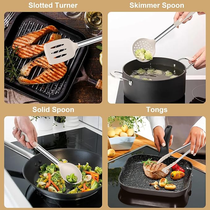 E-far Silicone Cooking Utensils Set, Slotted Turner, Soup Ladle, Pasta Server - Image 4