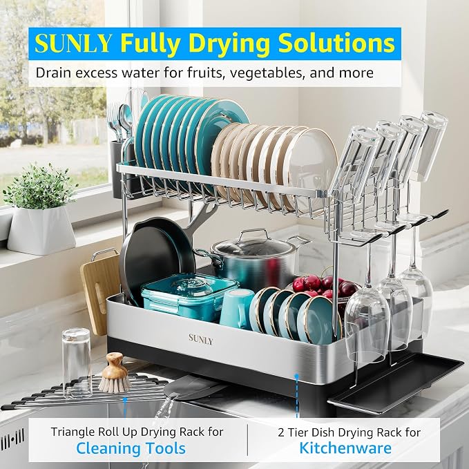 SUNLY 2 Tier Dish Drying Rack, Extra Large Dish Rack, 304 Stainless Steel - Image 2