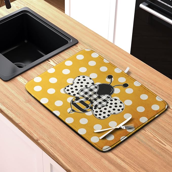Bee Dish Drying Mat for Kitchen Counter 18x24 Inch Yellow Bumblebee Polka Dots - Image 6