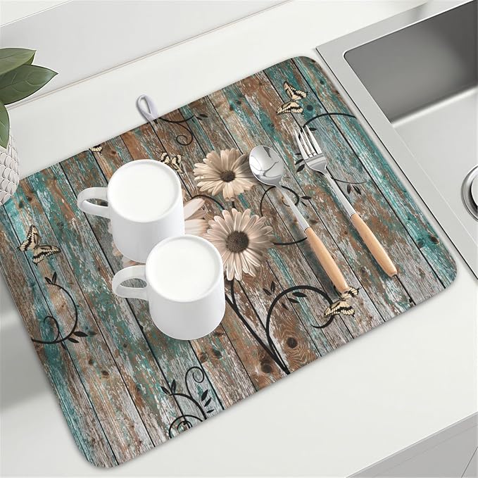 Dish Drying Mat for Kitchen Counter 18 x 24 Inch Rustic Vintage Daisy Floral - Image 8