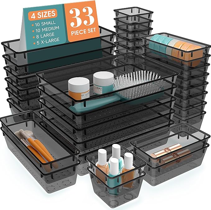 StorMiracle 33 PCS Clear Plastic Drawer Organizers Set, 4 Size Desk Drawer by StorMiracle