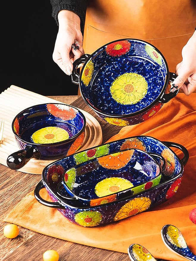 Vintage Style Pottery Bakeware Colorful Daisy Pattern Ceramic Casserole Dish - Image 5