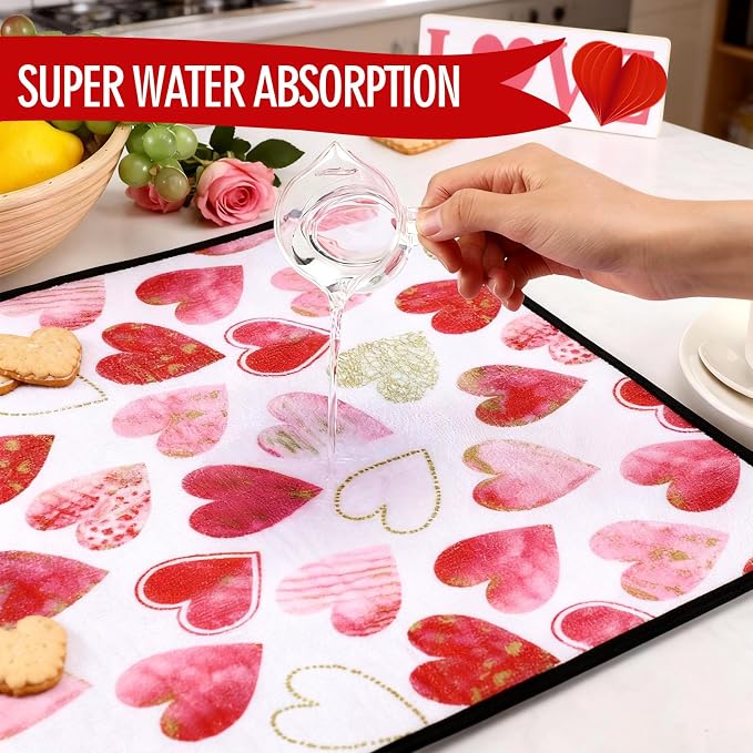 Breling Valentine's Day Dish Drying Mat Valentine Kitchen Dry Mat Absorbent - Image 6