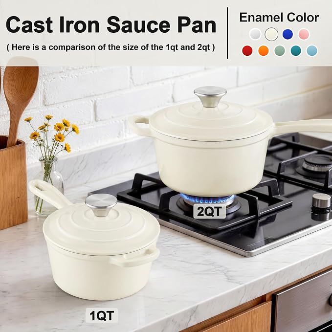 2 Pcs Enameled Sauce Pan with Lid, Leonyo 1 Qt & 2 Qt Cast Iron Saucepan Set - Image 5