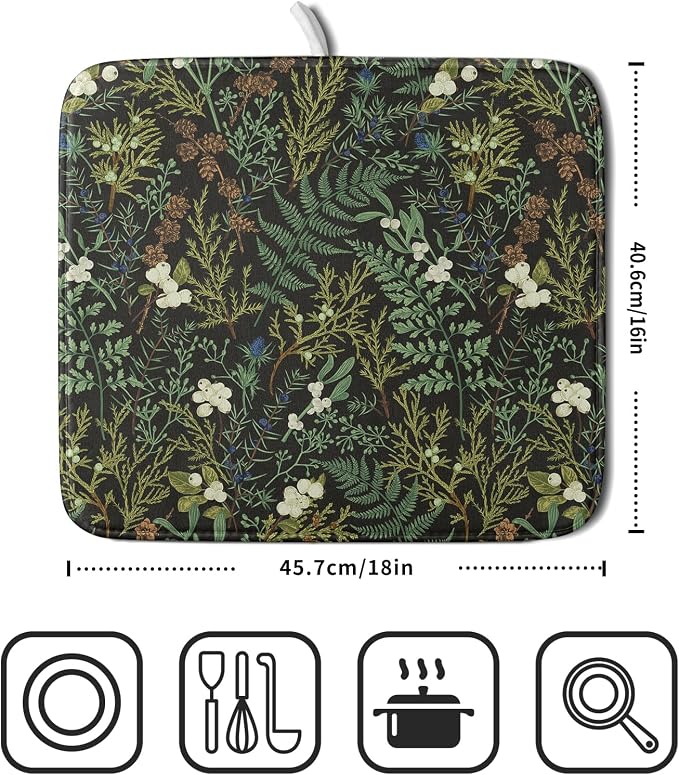 Green Plants Dish Drying Mat for Kitchen Counter Microfiber Absorbent Dish - Image 2