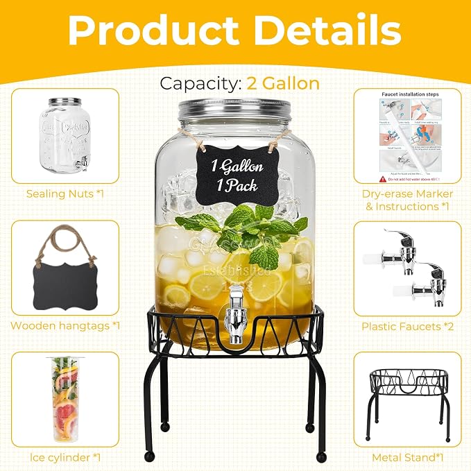 DHSBTLS 2 Gallon Glass Drink Dispensers, 1 Pack Clear Beverage Dispenser - Image 2