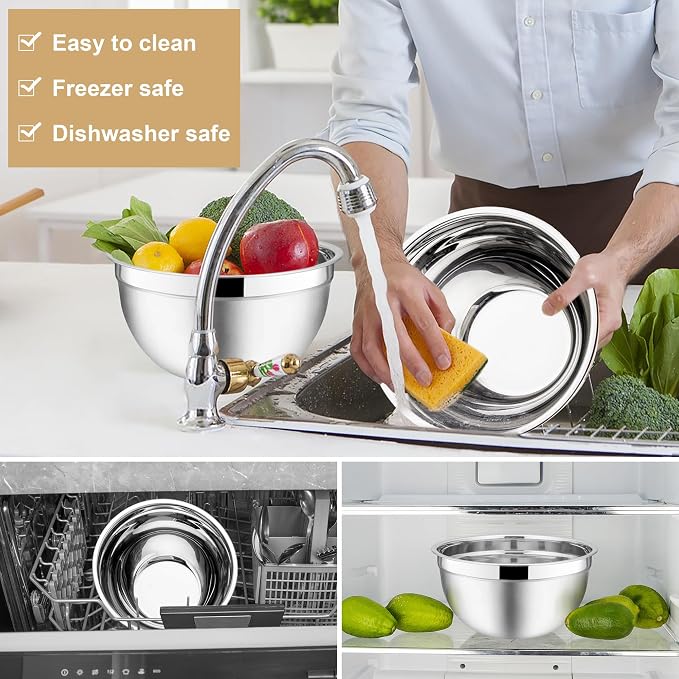 E-far Mixing Bowls with Lids, 6-Piece Stainless Steel Salad Bowls Metal Nesting - Image 6