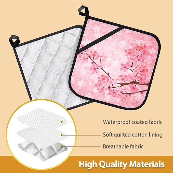 Pink Blooming Cherry Blossoms Pot Holder Set of 2, Heat Resistant Potholders - Image 3