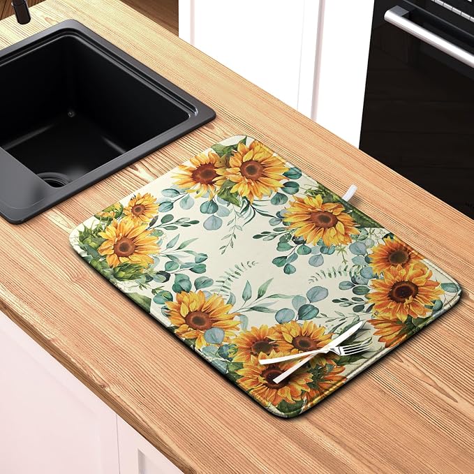 Sunflowers Dish Drying Mat for Kitchen Counter Yellow Flower Green Leaves Dish - Image 6