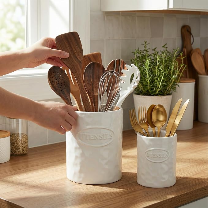 White Utensil Holder Set of 2 Ceramic Cooking Utensil Crock Modern Kitchen - Image 4