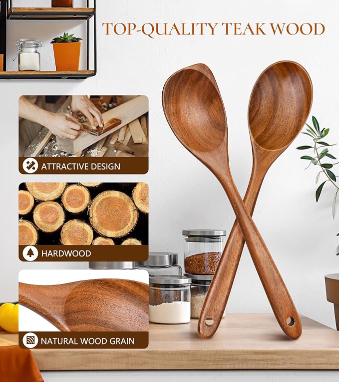 2Pcs Wooden Spoons for Cooking, Natural Premium Teak Wood Spoon & Corner Spoon - Image 2