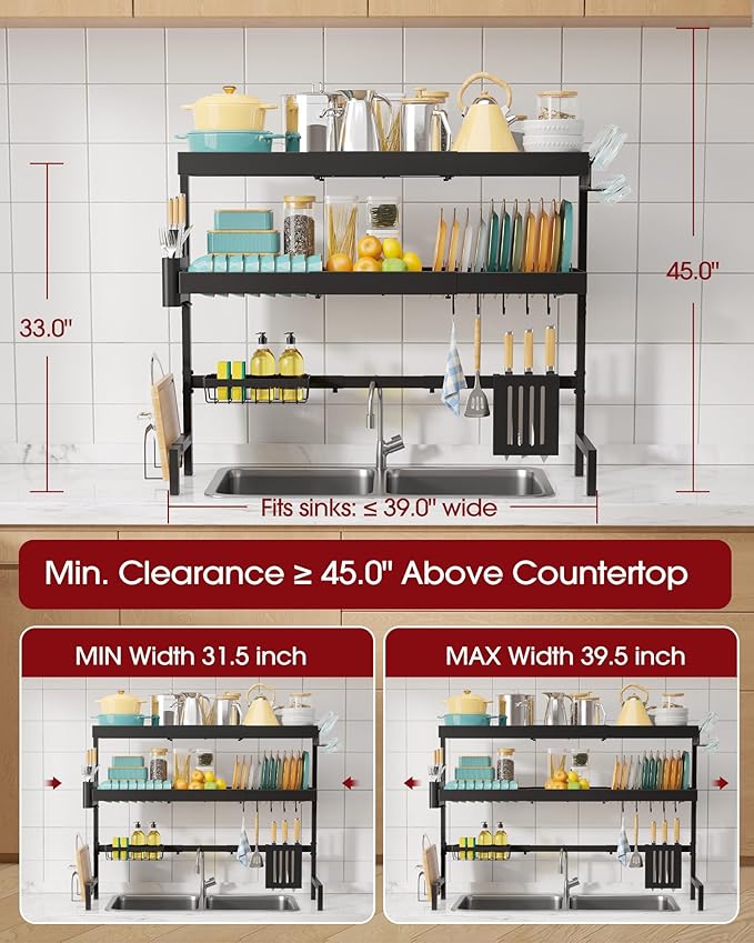 Sakugi Over The Sink Dish Drying Rack, Expandable 3-Tier Stainless Steel - Image 3