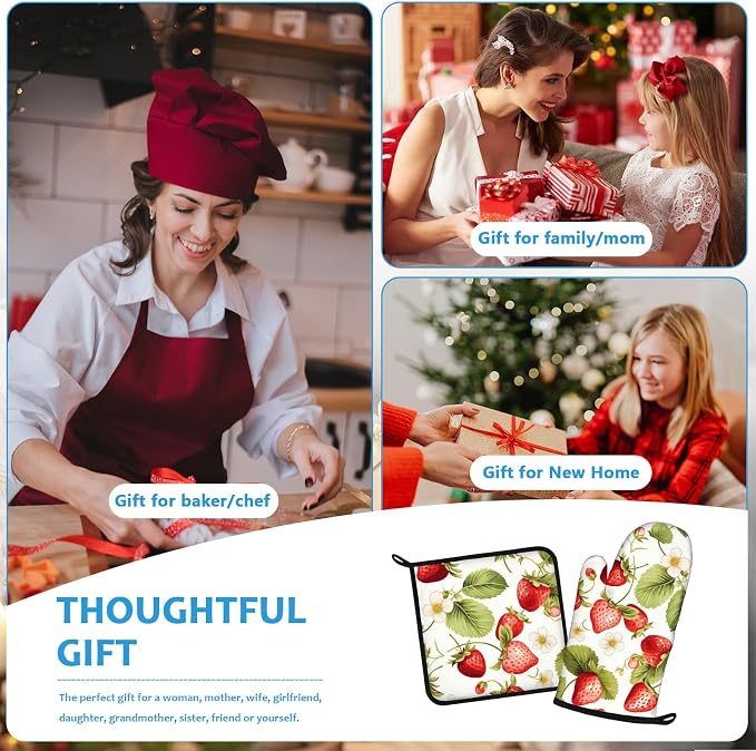 Red Strawberry Flower Oven Mitts and Pot Holders Sets Heat Resistant 4Pcs - Image 7
