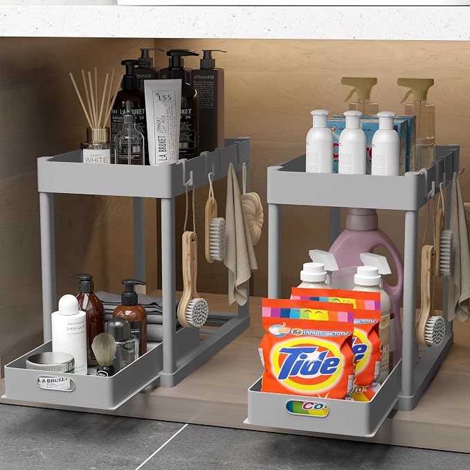 2PC Under Sink Organizer Rack 2 Tier Under Sliding Cabinet Basket Organizer - Image 8