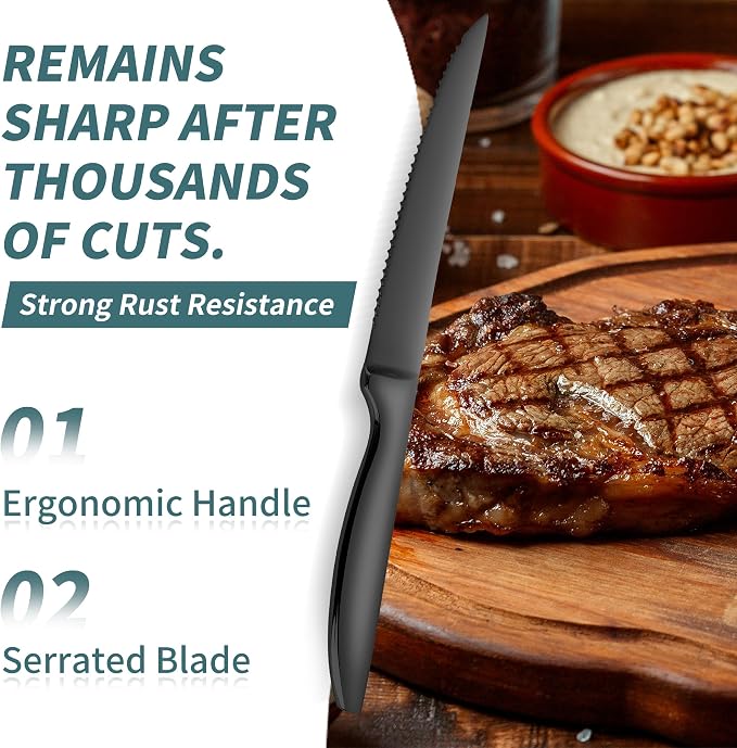 SuperCook Black Steak Knives of 12, High End Stainless Steel Steak Knives Set - Image 2